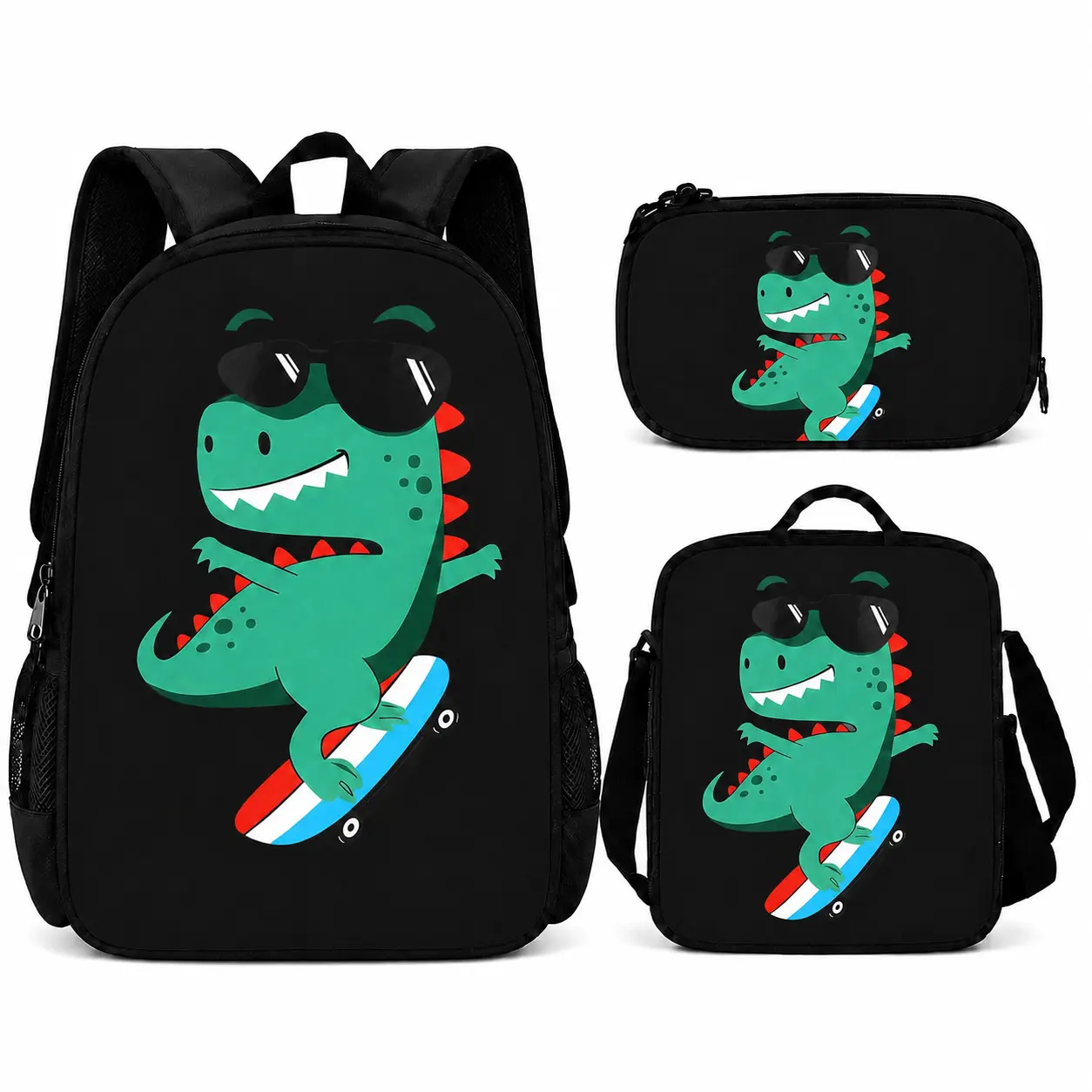 3PCS Kids Backpack Set, Green Cartoon Dinosaur Skateboard Print School Backpack with Lunch Bag and Pencil Case, Cute Dino Graphic Large Capacity Bookbag, Lightweight Travel Bag with Adjustable Shoulder Straps, Back to School Gift for Boys Girls