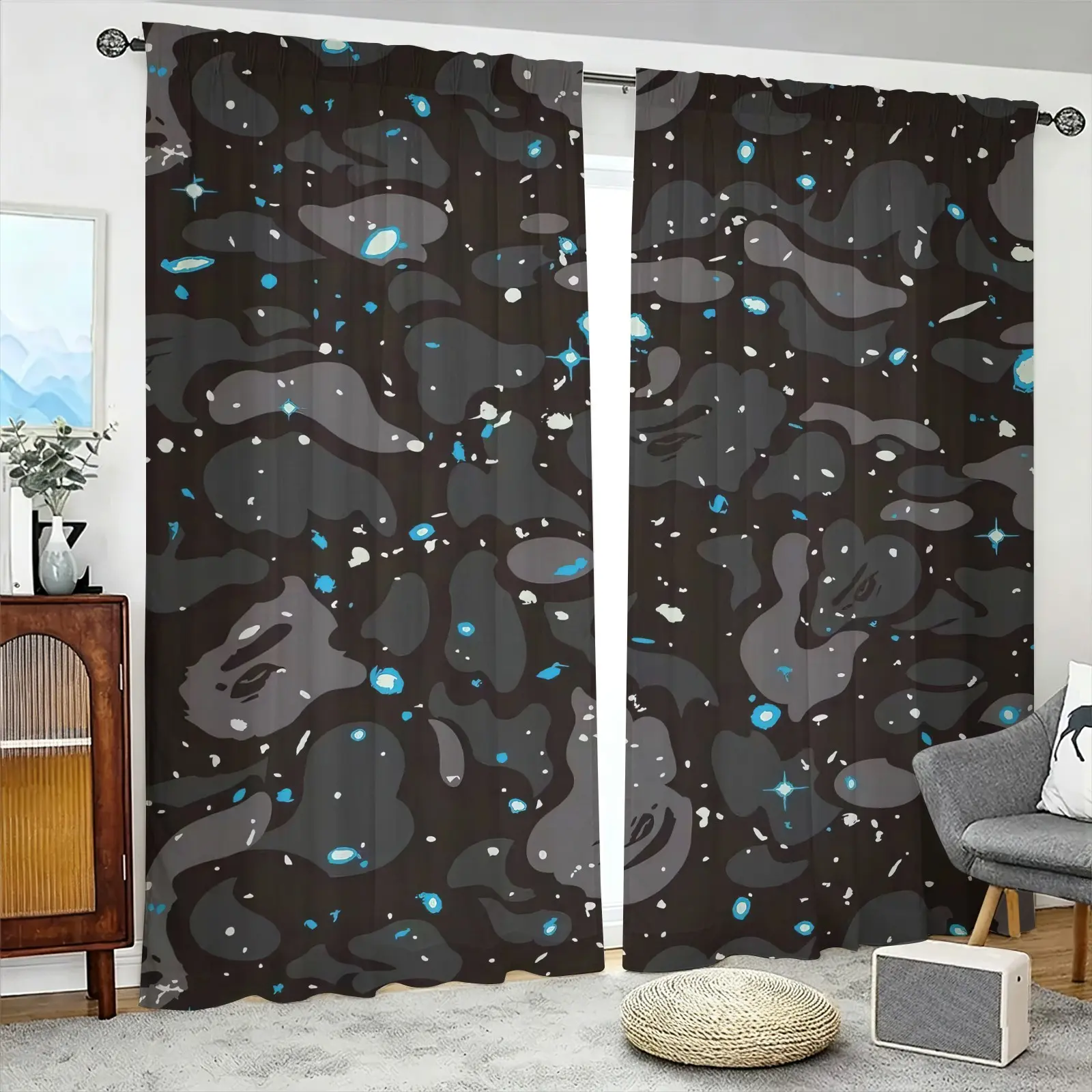 Dark Night Sky Abc Camo Cartoon Ape Trendy Decorative Curtain, Two-Piece Rod Pocket Design, No Drilling Easy Install, Privacy Blocking Noise Reduction Drapes, For Boys Bedroom Dorm Gaming Room Decor
