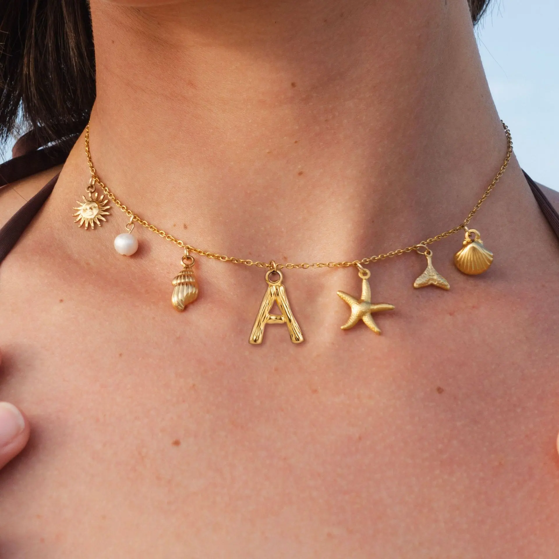 18K Gold Plated A-Z Initial Charm Necklace, Bohemian Starfish Shell Seashell Pendant Summer Beach Letter Pearl Pendant Necklace Boho Vacation Travel Beach Clavicle Chain Jewelry