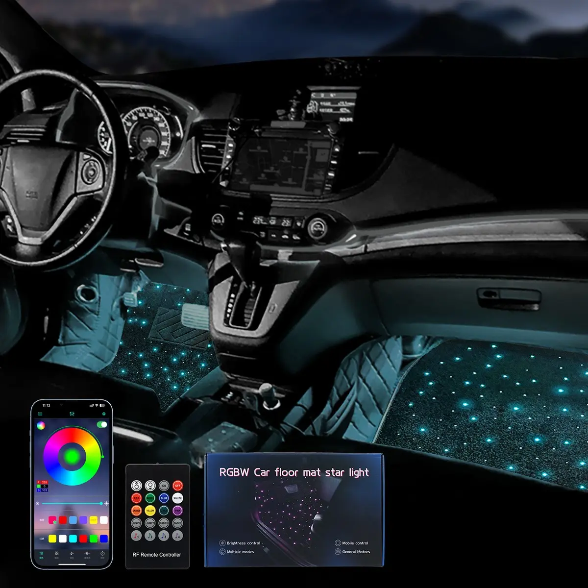 Fiber Optic Flashing Starry Sky Car Foot Mat, Waterproof LED Carpet, APP Remote Control, USB/cigarette Lighter Compatible
