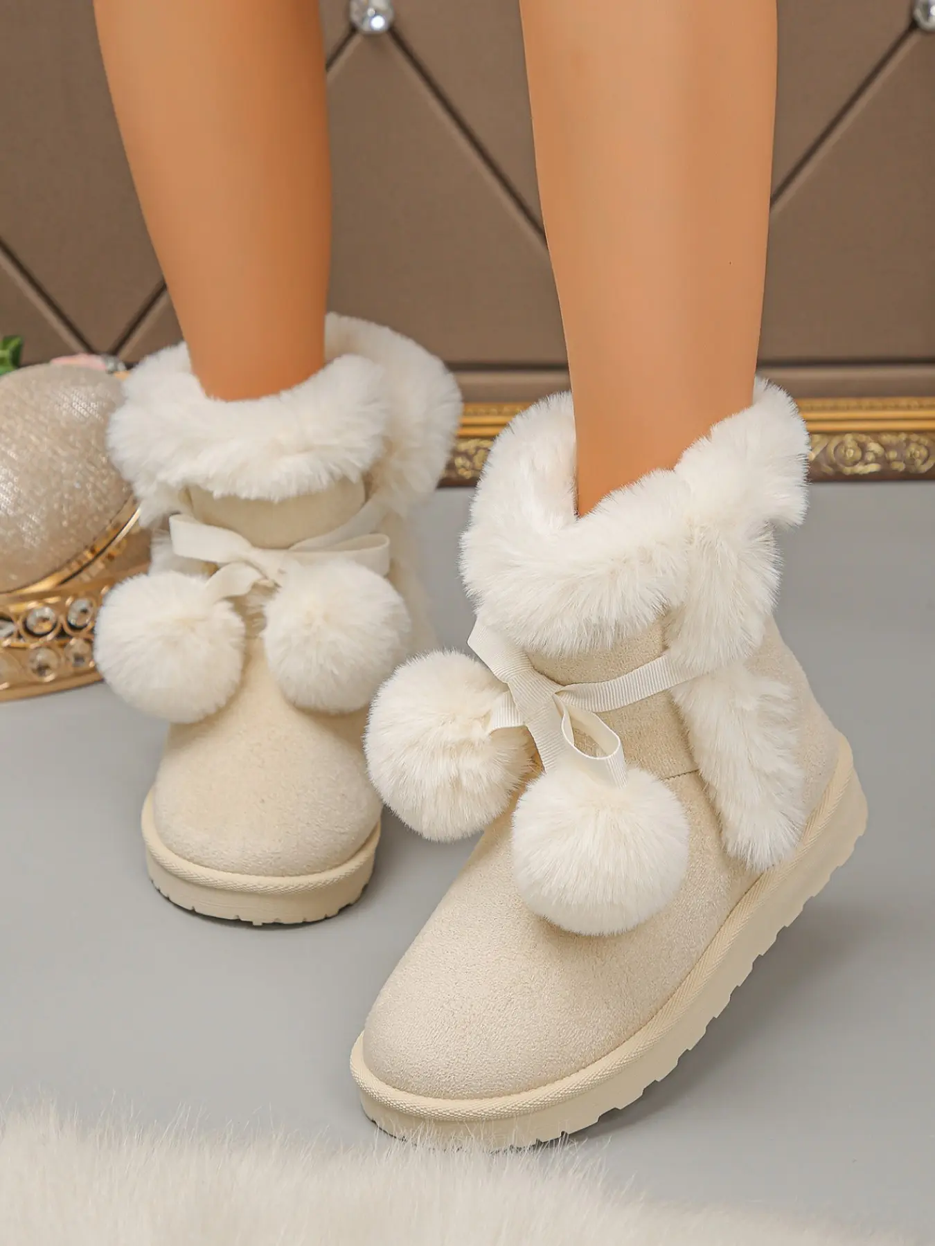 Women's Winter Thickened Snow Boots, Furry Boots, Multiple Colors, Faux Fur Ball Decor, Anti-Slip Flat Sole, Warm Cotton Shoes for Outdoor & Home Use