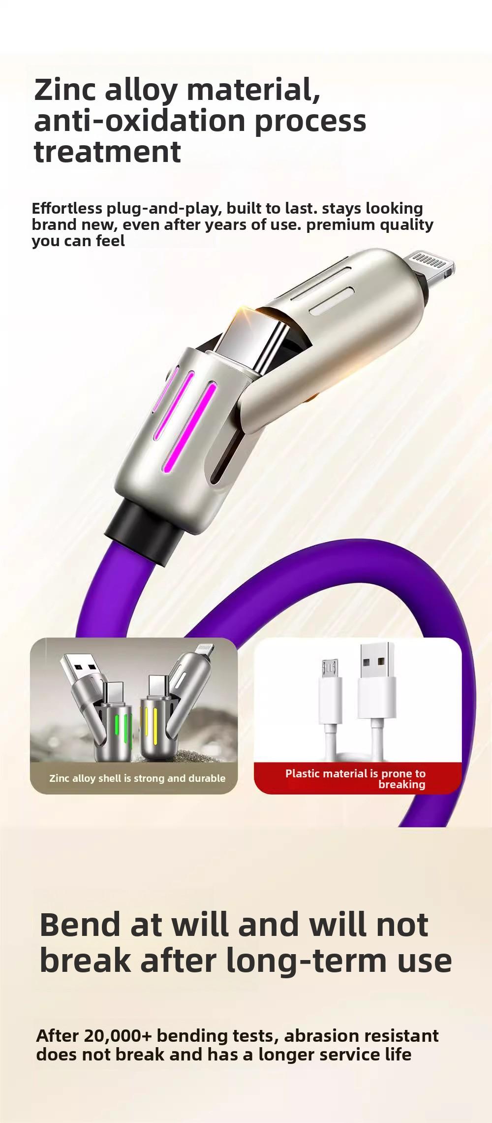 240W light-emitting four-in-one mobile phone data cable PD super fast charging dual-port charging data cable with colorful breathing light