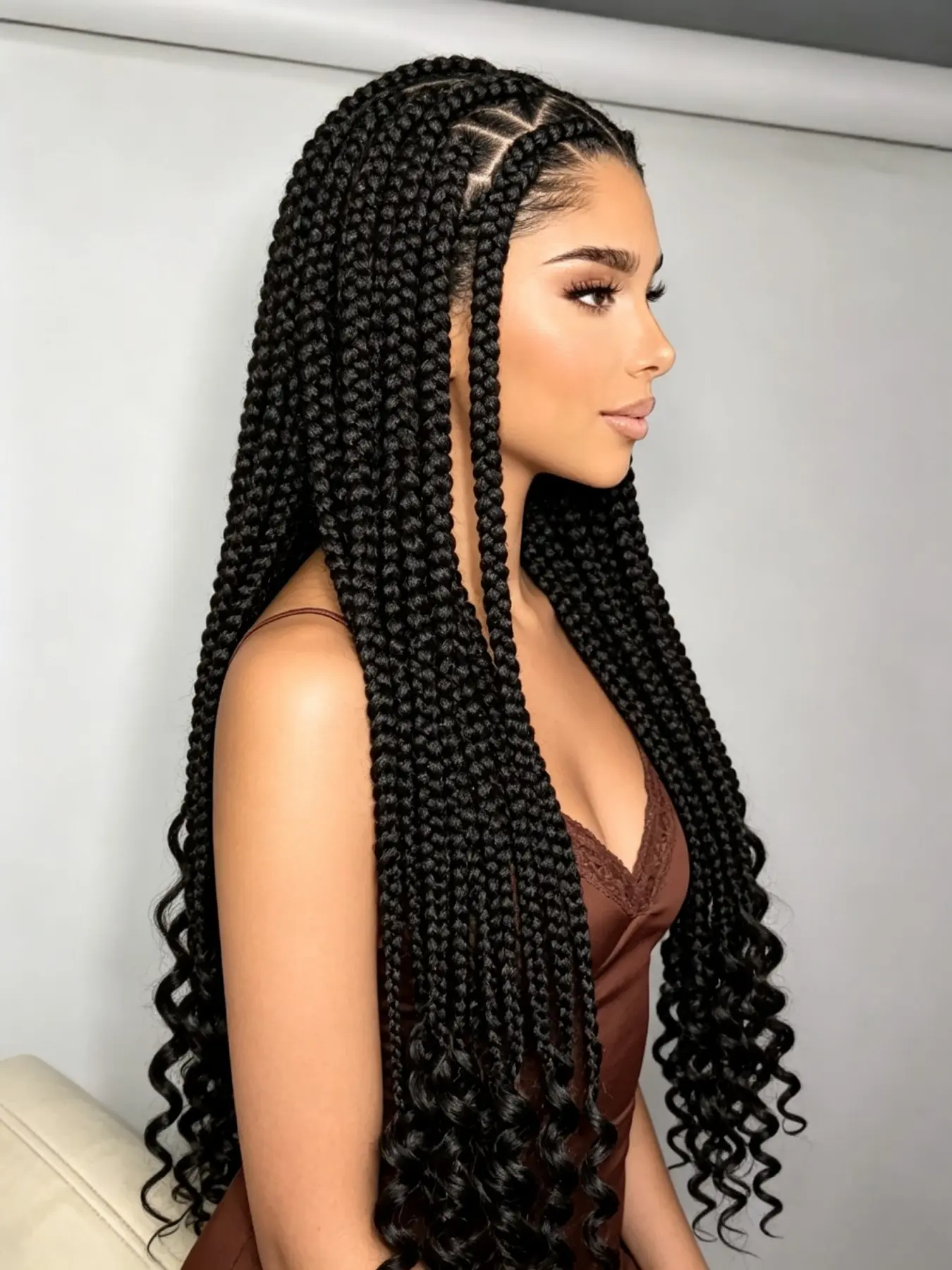 Synthetic Knotless Box Braided Wigs for Women, 34 Inches Double Full Lace, Handmade Cornrow Braiding, Baby Hair Lace, Curly Wave Ends
