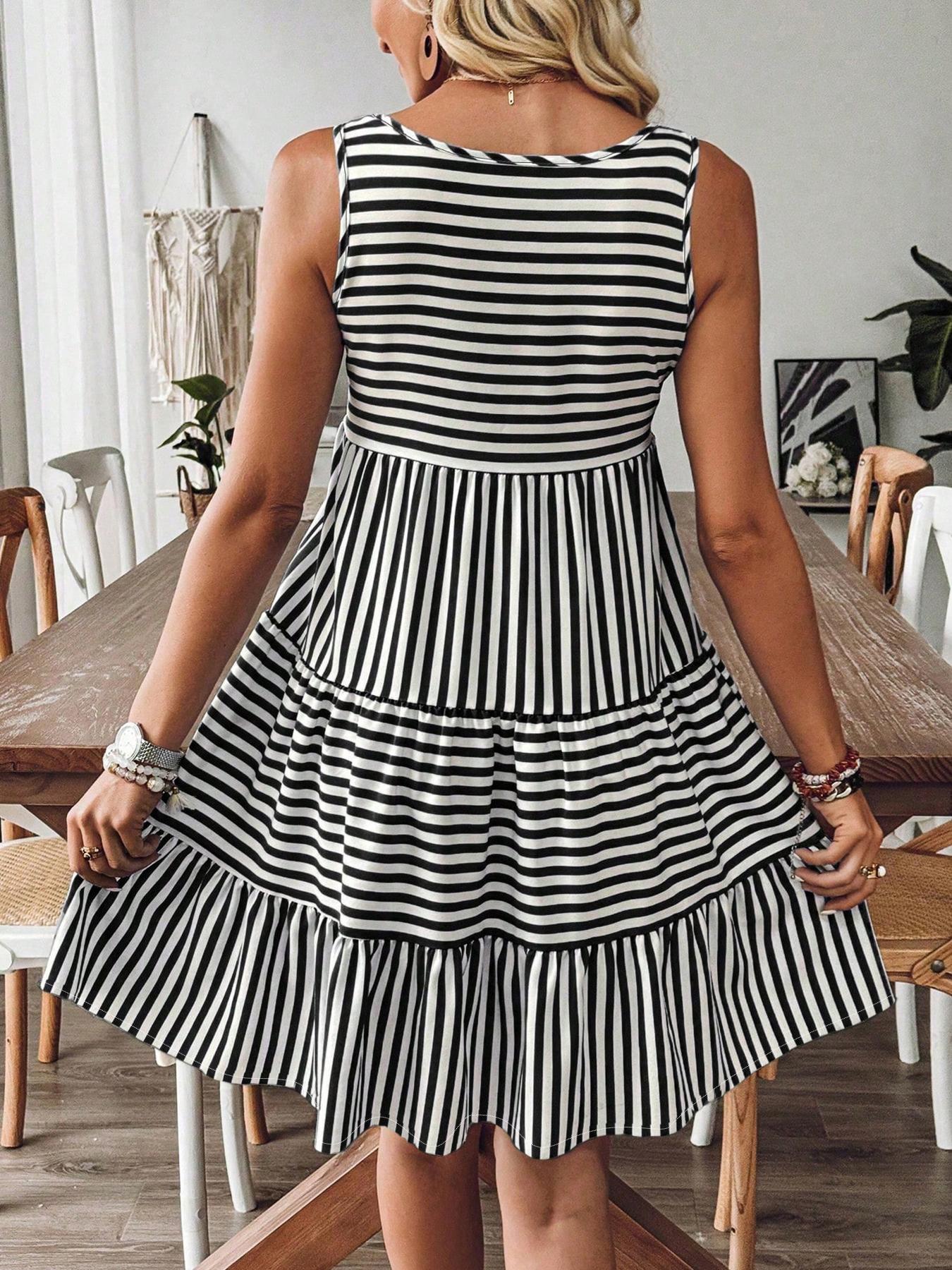 Women's Striped Print Ruffle Hem Tank Dress Sleeveless Short Dress for Summer, Ladies Boho Chic Dress Clothes for Daily Wear