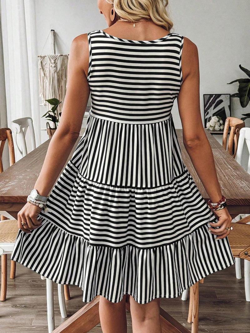 Women's Striped Print Ruffle Hem Tank Dress Sleeveless Short Dress for Summer, Ladies Boho Chic Dress Clothes for Daily Wear
