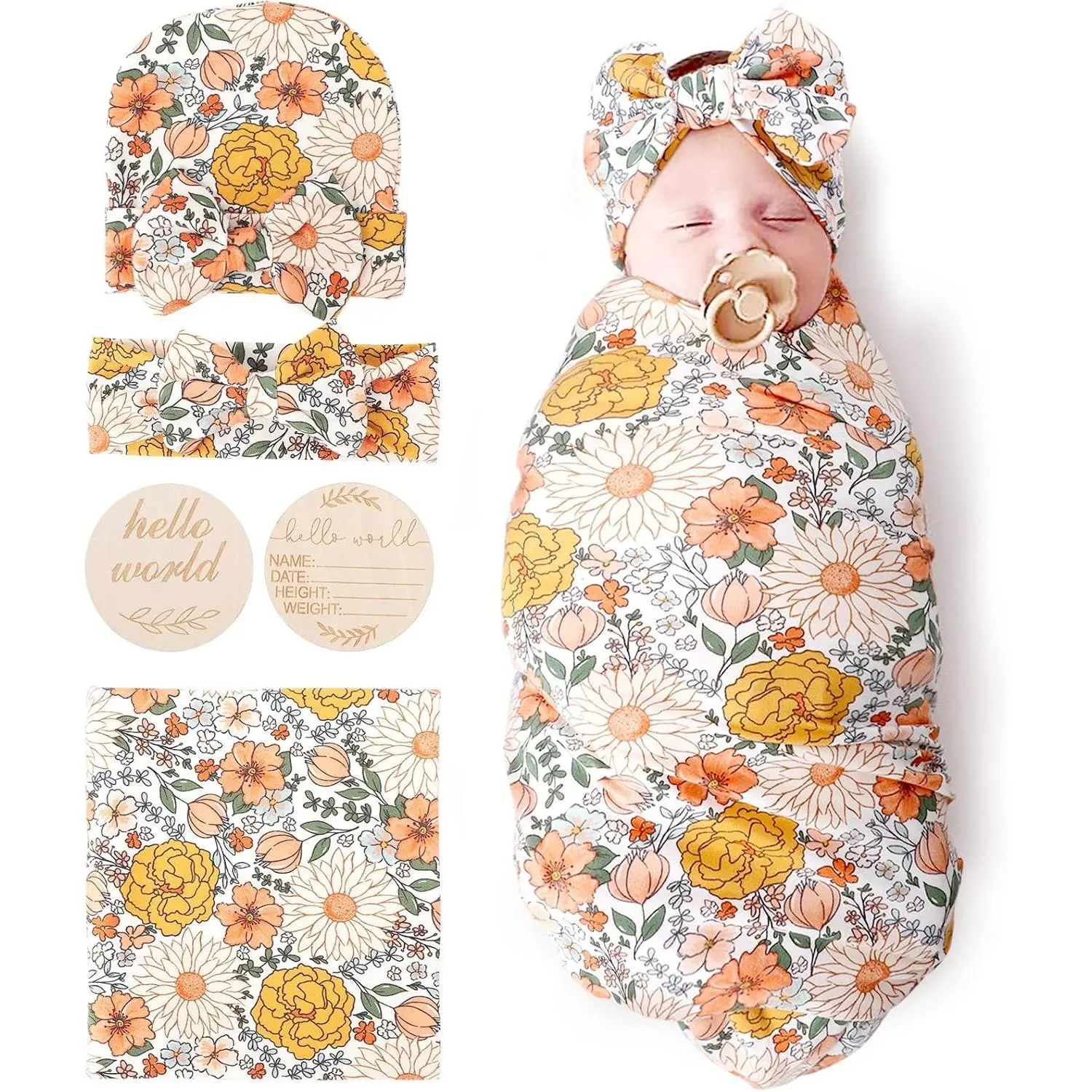 Baby Girl Newborn Floral Receiving Blanket & Swaddle Set with Bow Hat Headband, Swaddle Hat, and Wooden Birth Announcement Card - Warm Shower Gift for Toddler(Gift)