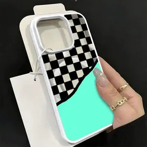 Modern Minimalist Acrylic Magnetic Checkerboard Phone Case - Black and Mint Wave Pattern Shell, Slim Shockproof Protective Cover Compatible with Wireless Charging
