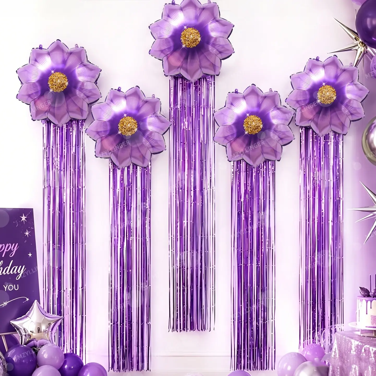 Four Color Flower Balloon Curtain Set, /// Balloons, Rain Curtain Decor, Shower Birthday Party Wall Decoration