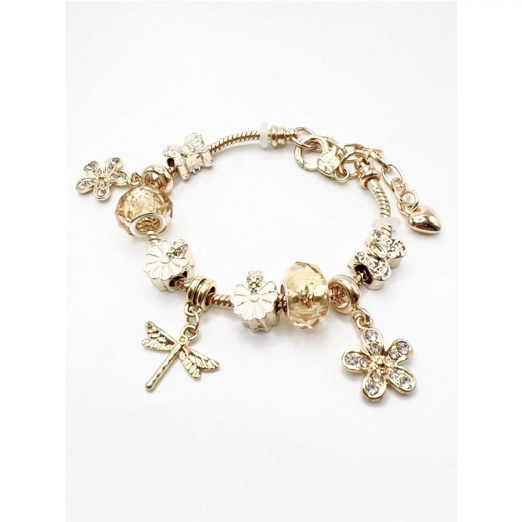 Women's Charm Bracelet - Luxurious Gold Snake Chain With Rhinestone Flower & Dragonfly Pendants, European Beaded Jewelry For Party Daily Wear Gift