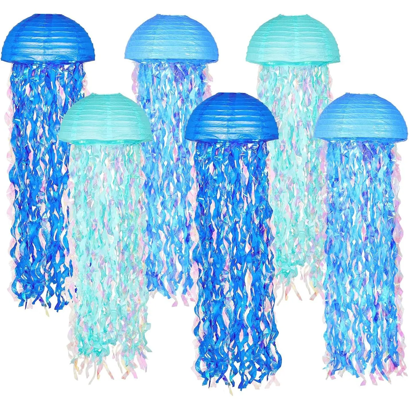 10" Blue Hanging Jellyfish Paper Lanterns - Under the Sea Party & Mermaid Birthday Decorations, Baby Shower, Nautical Events, Ocean Theme Classroom & Beach Room Decor (Set of 6)