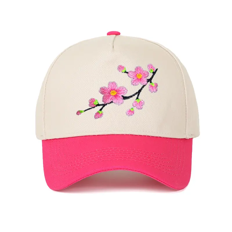 Cherry Blossom Embroidered Baseball Cap for Women Girls Pink Sakura Dad Hat, Two Tone Color Block Trucker Cap, Adjustable Cotton Sunshade Visor, Spring Summer Holiday Gift