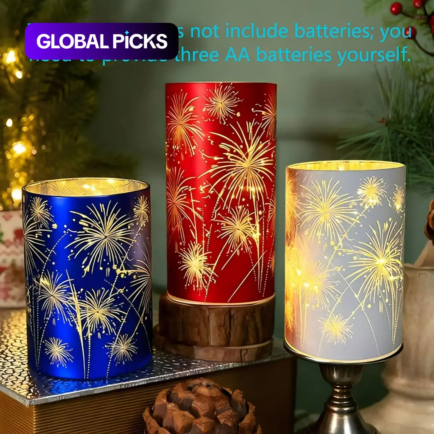 Set of 3 Hurricane Glass Pedestals, Pedestal Candle Holders, Etched Firework Starburst Design with Warm White LED Lights, Decorative Centerpiece for Mantel, Dining Table, Wedding & Holiday Décor, LED Candle Lamp, Electronic Candle Holder