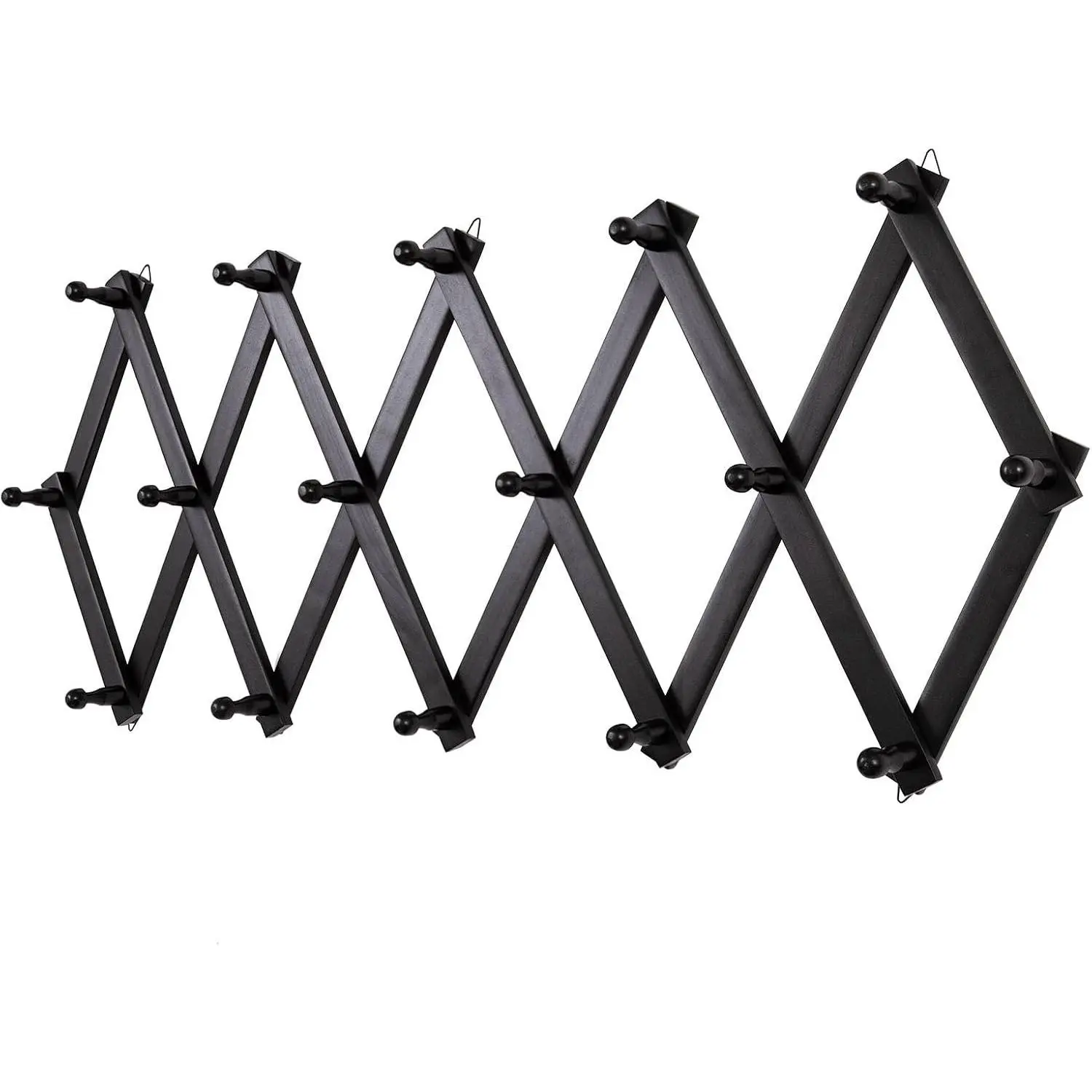 Accordion Wall Hanger with 16 Hooks, Expandable Wooden Wall Coat Rack for Coats, Hats, Baseball Caps, Coffee Mugs, Jewelry (Black)