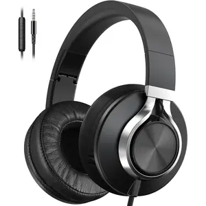 Wired Headphones with Microphone, Over-Ear Foldable Corded Headphones with Volume Control 3.5mm for Teens Adult Smartphones Chromebook (Black)