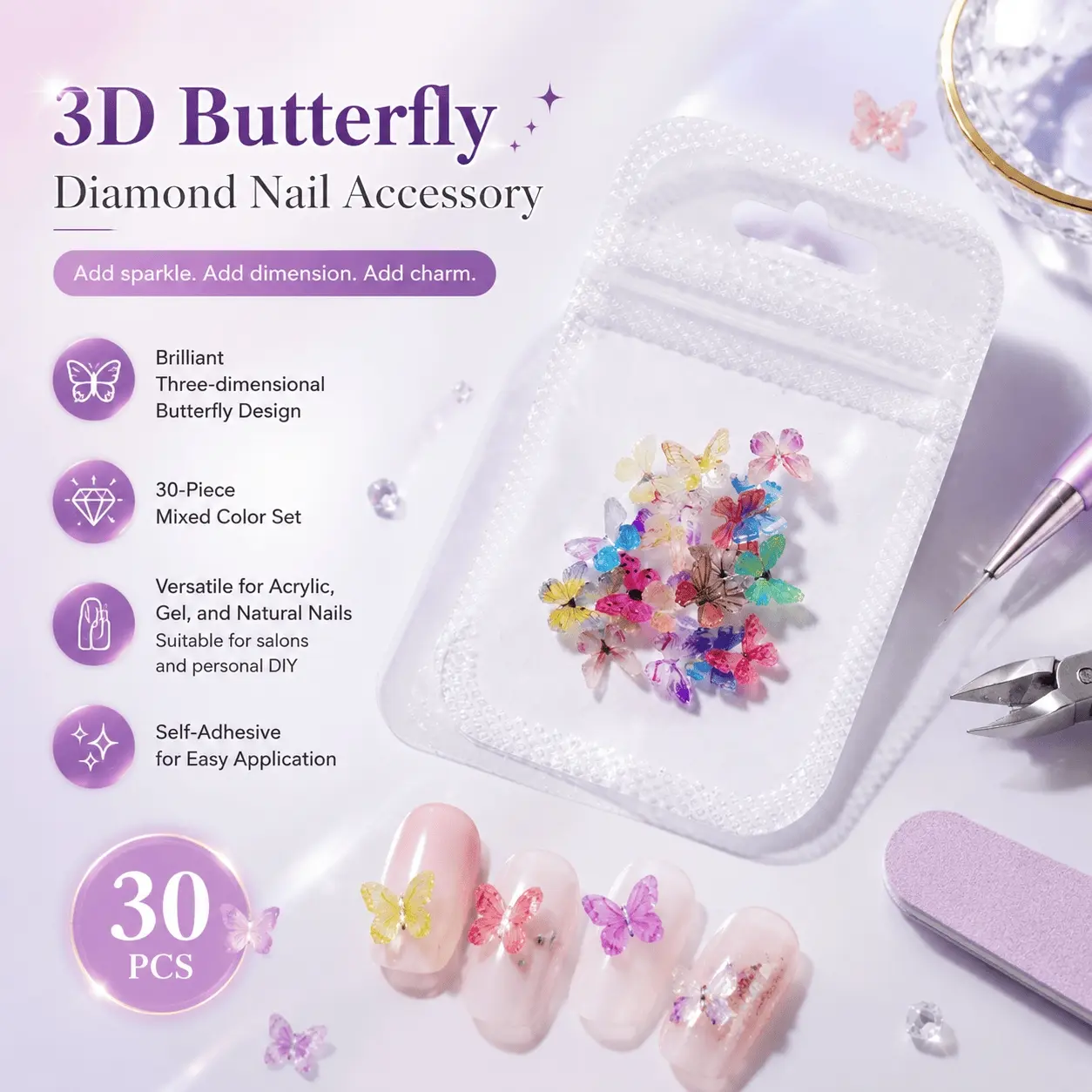 3D Butterfly Nail Art Stickers Kit, 30 Self-Adhesive Nail Decals for Acrylic & Natural Nails, DIY Design with Rhinestones, Eco-Friendly Resin, Anti-Fall Technology, Gradient Color Set, Hex-Cut Storage Box