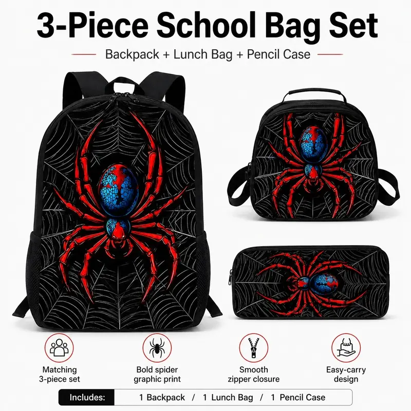 Spider pattern printed 17-inch travel backpack three-piece set Backpack Combo Casual printed backpack (single-layer backpack + round lunch bag with shoulder strap + single-layer pencil case)