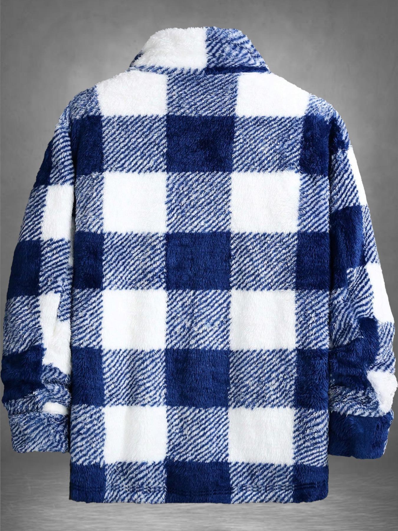 Men's Plaid Print Button Front Fuzzy Lounge Jacket, Casual Long Sleeve Collared Outerwear for Fall & Winter, Men's Sleepwear for Daily Wear, Casual Style Outerwear, Casual Fitted Jacket