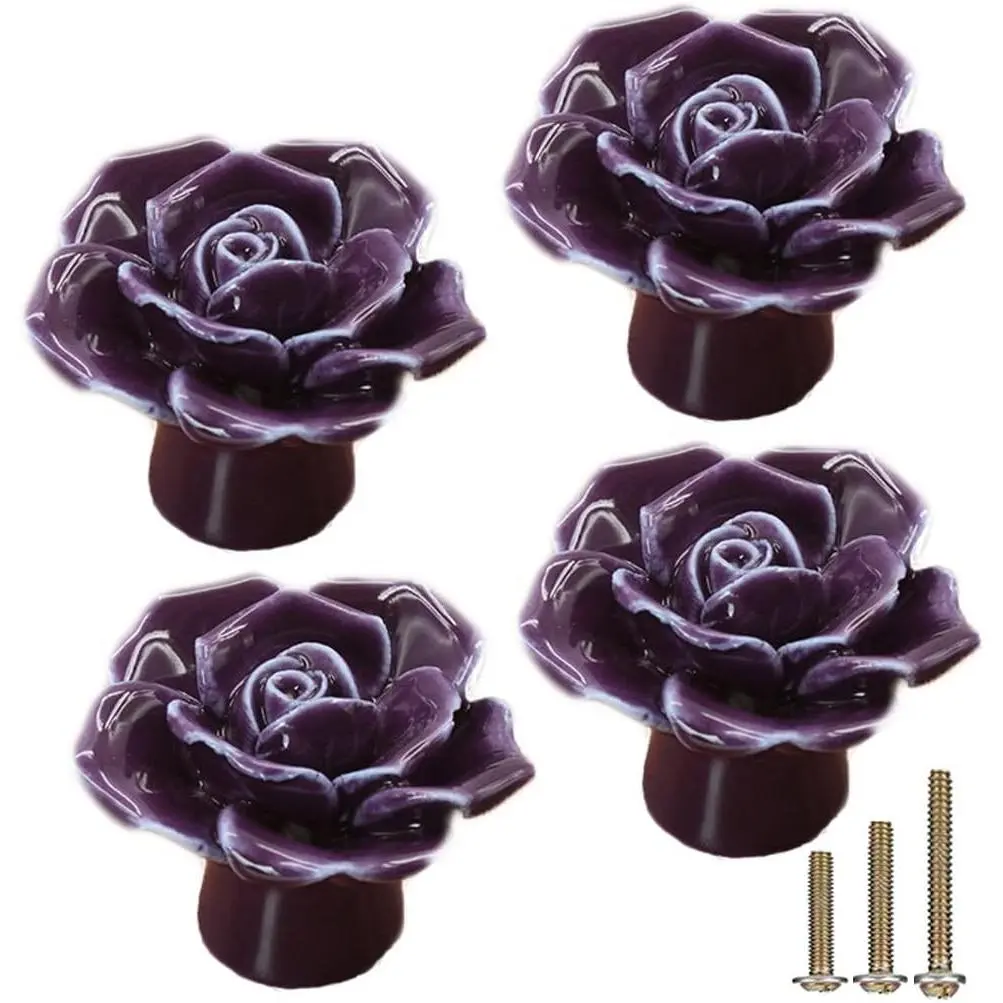 4-Pack Purple Rose Ceramic Knobs, Vintage Flower Pulls for Kitchen Cabinet Dresser Wardrobe with 3 Size Screws