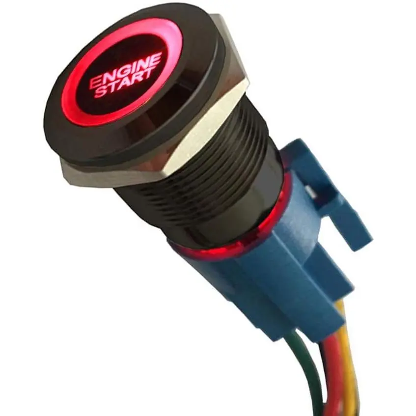 12V Momentary  Headlight Push Button Metal  Engine Start |  Red LED Light Start Toggle  Socket Plug Wire 19mm 5A  OFF Black Shell