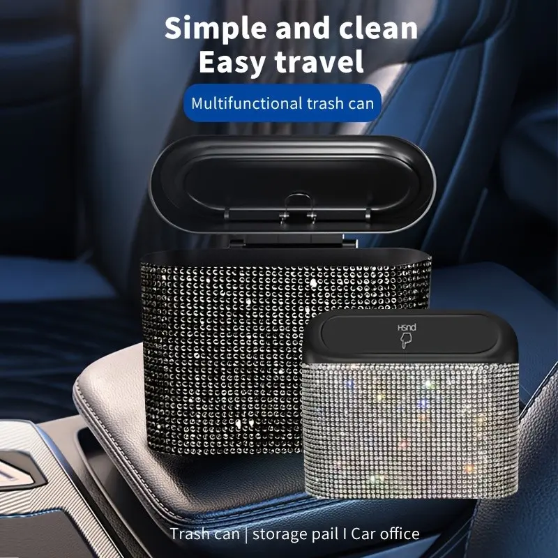 Shiny Car Trash Can with Lid, Automatic Dust Collection Waste Bin Organizer, Mini Crystal Trash Can Stand, Compact and Stylish Design