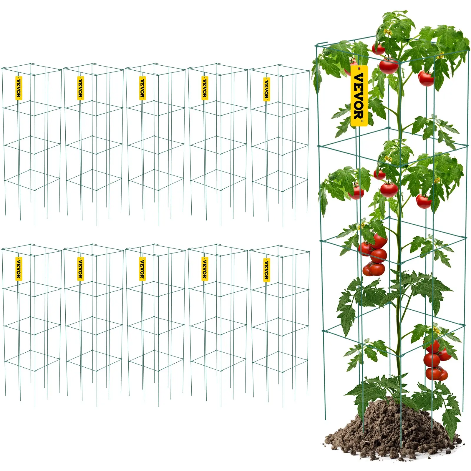 VEVOR 10 Packs Square Tomato Cages, 11.8x11.8x46.1 in 3-Tier Trellis, Green PVC-Coated Steel DIY Combination Towers for Climbing Plants, Vegetables, Flowers, 11.8X 11.8X 46.1 In