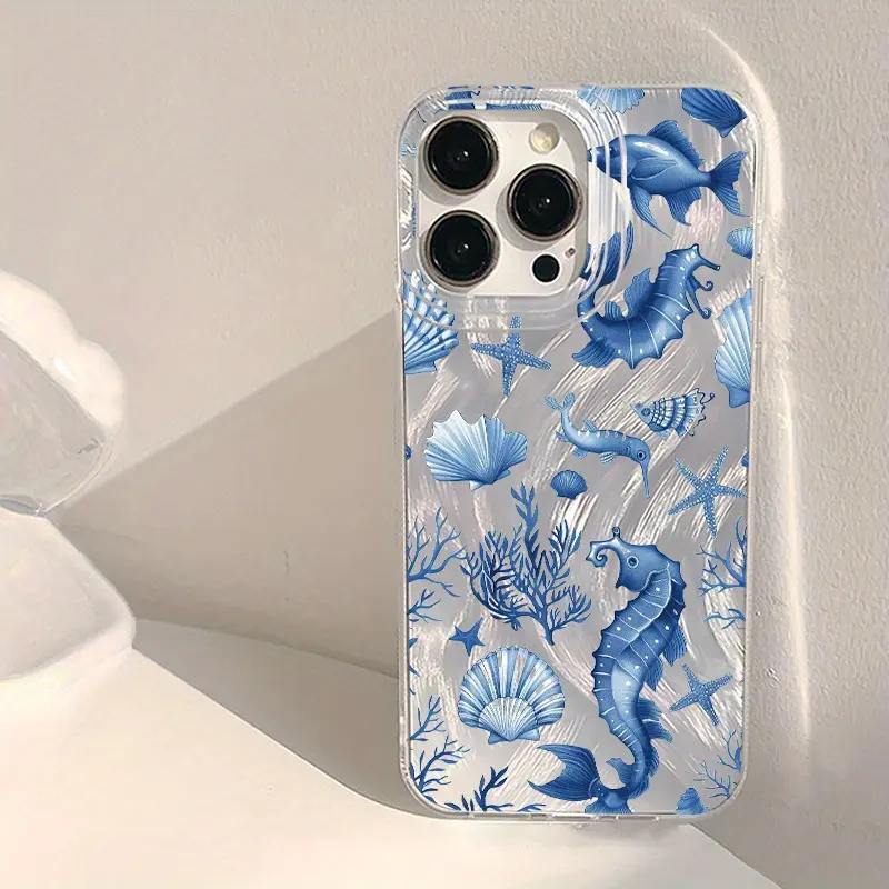 Blue marine creatures seahorse starfish fashionable collage pattern feather gauze phone case, anti drop durable, beautiful and gorgeous high aesthetic value, suitable for iPhone 17/16/15/14/13/12/11/Plus/Pro/ProMax/Air/X/XS/XSMAX series, birthday gift
