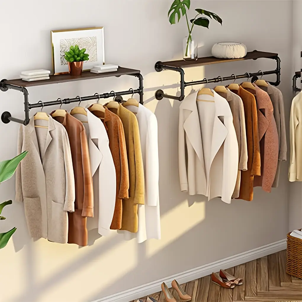 AESOME Heavy-Duty Industrial Wall-Mounted Clothes Rack with Top Shelf & 3 Hooks - Space-Saving Metal Garment Rod Suitable for Closet, Apartment, Store - Assembly, Portable Hanging Rack with Weight Capacity