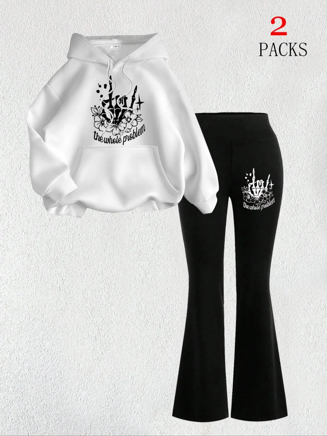 Women 2 Piece, Skeleton Print Hoodie & Flared Pants, Long Sleeve Pocket Hooded Sweatshirt, Casual Streetwear, Daily Walking Fashion