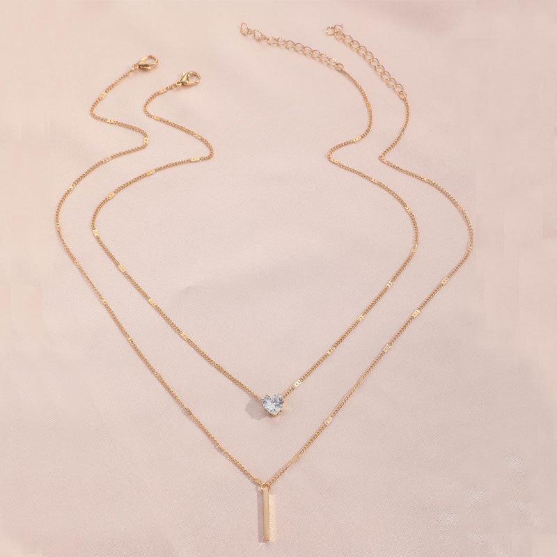 Gold Layered Heart CZ Pendant Necklace for Women, Dainty Double Chain Necklace