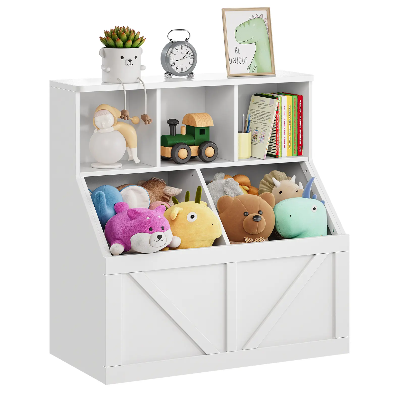 Kids Toy Storage Organizer Box with Bookshelf 5 Cubbies Wood Toy Storage Cabinet Freestanding Childrens Bookcase Shelves Display Cabinet Chest for Playroom Bedroom Nursery Daycare Classroom White Grey