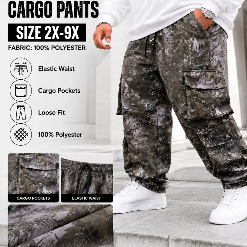 Large Size Men's Camouflage Workwear Pants, Flap Pockets, Casual Comfortable Design, Ideal for Daily Use, Spring & Fall