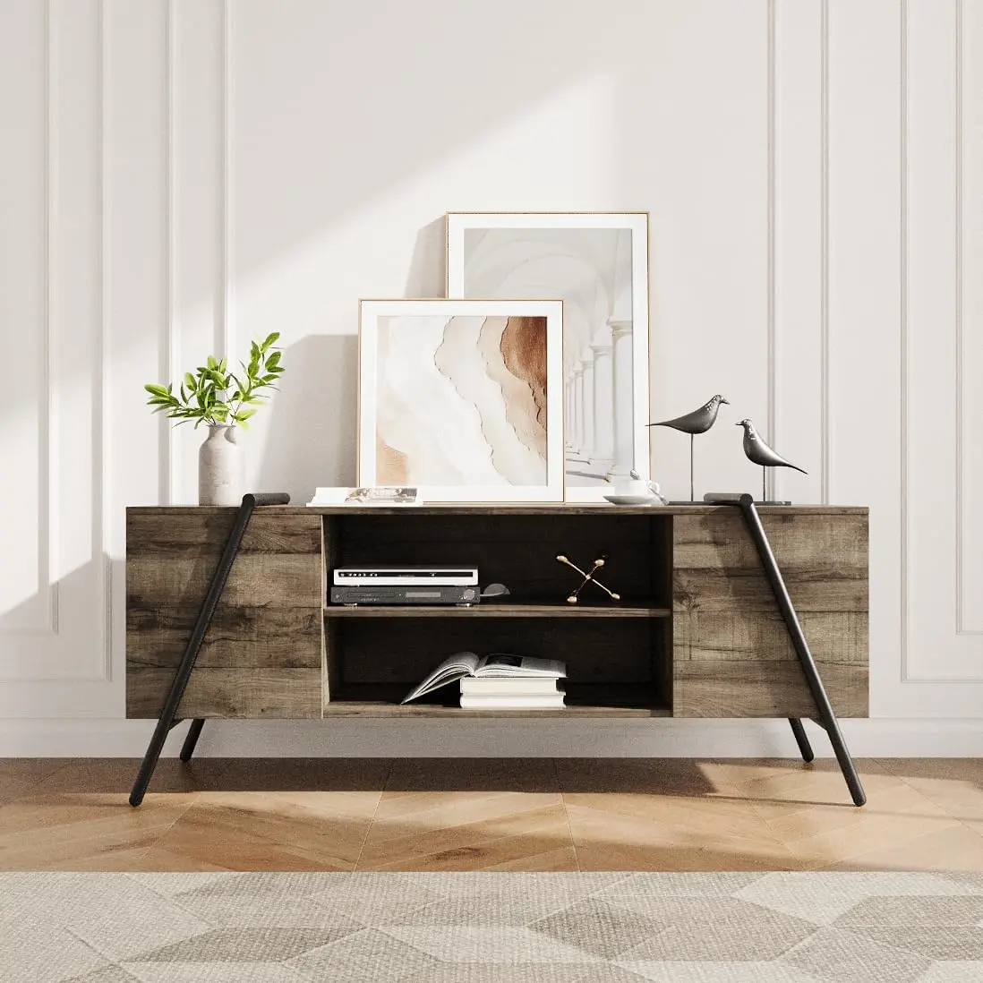Entertainment Center with 6 Open Storage Cabinet, Farmhouse Vintage TV Stand Console Table with Adjustable Shelf
