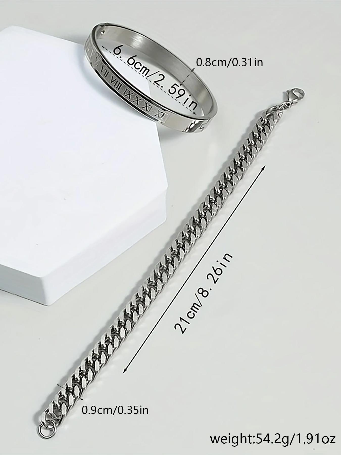 2counts/set Men's Summer Plain Stainless Steel Link Chain Bracelet & Roman Numerals Design Bangle, Stainless Steel Jewelry for Birthday Gift, Fashion Bracelets