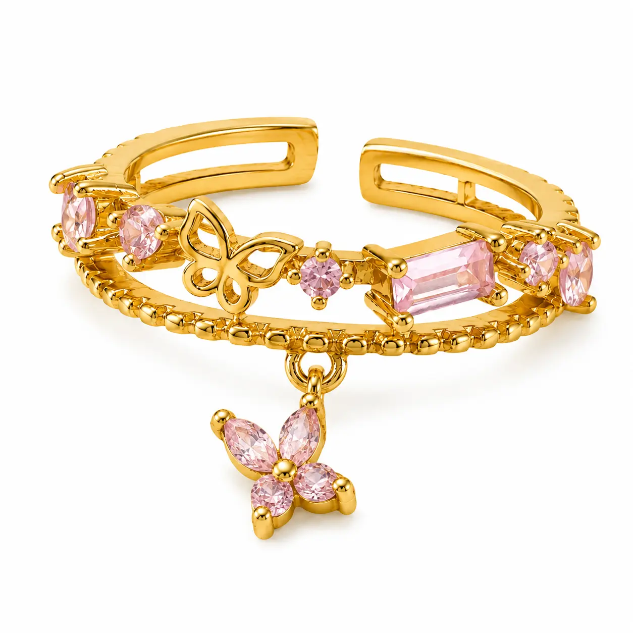 Dainty Pink CZ Butterfly Dangle Adjustable Ring for Women, Gold-Plated Copper Floral Charm Ring with Cubic Zirconia, Feminine Statement Jewelry Gift
