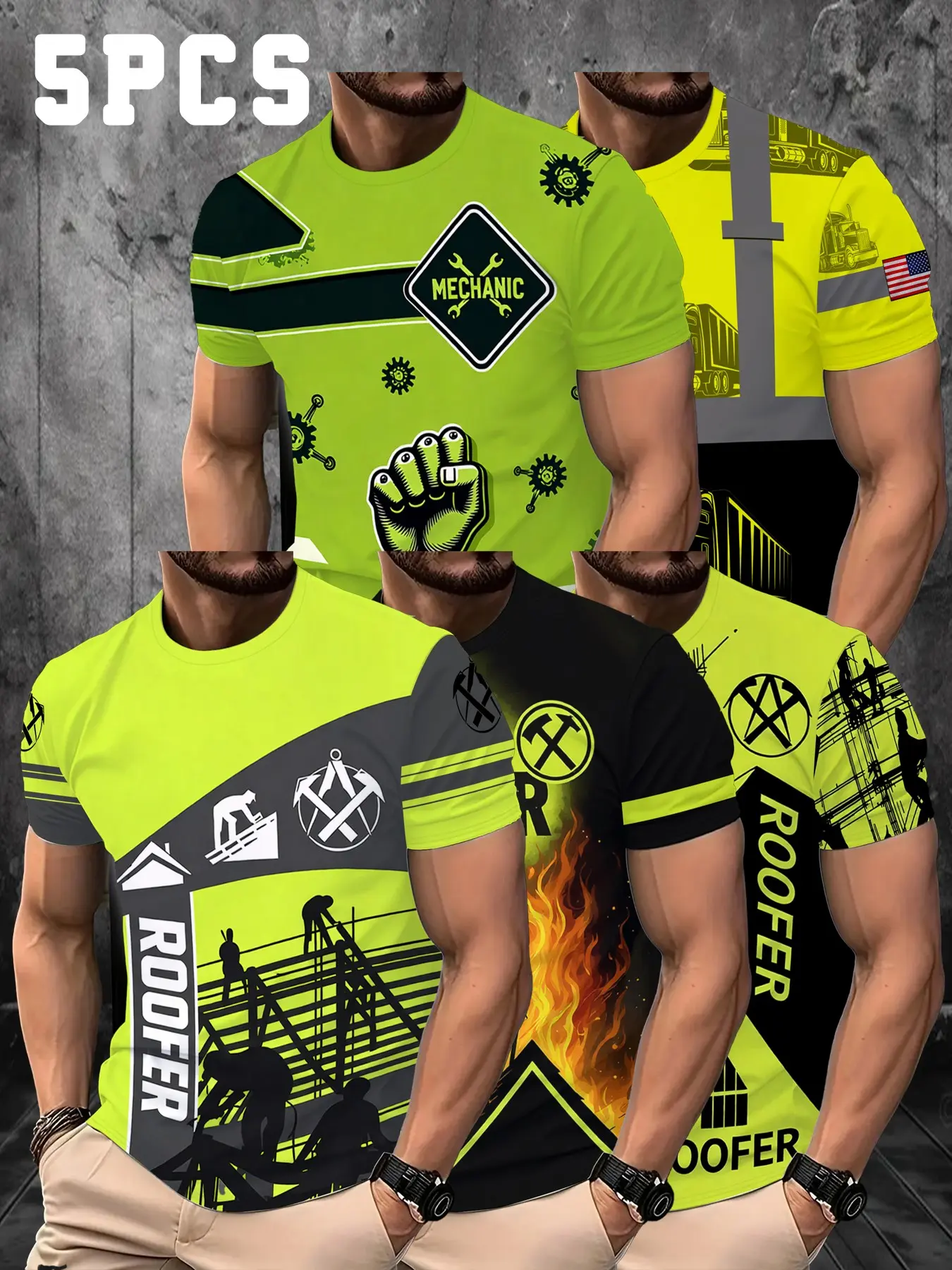 5-Pack Men's Summer Fluorescent Roof Worker Theme Digital Print Short Sleeve T-Shirt, Trendy Street Style Round Neck Breathable Sweat-Wicking