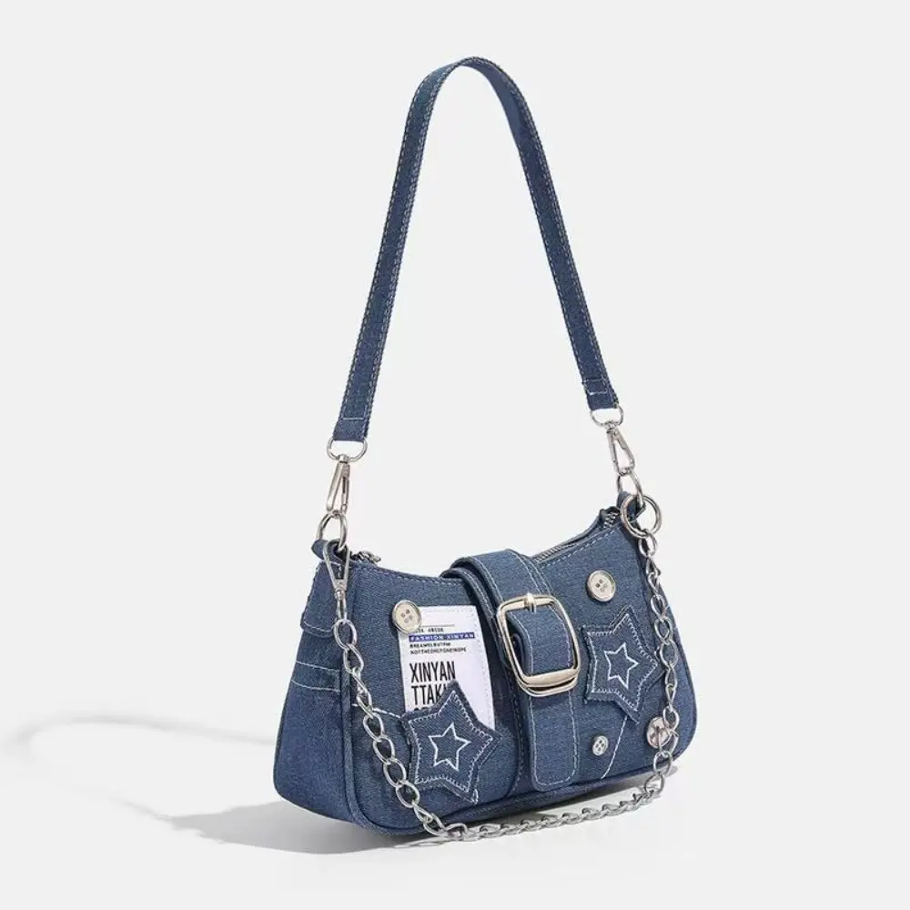 Y2K Denim Crescent Underarm Crossbody Bag, Star Embroidery Metal Chain Adjustable Buckle Strap Streetwear Shoulder Purse for Daily Street Dating