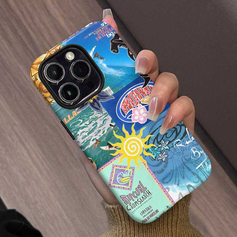 Beach Vibes Phone Case , Y2K Surf Magazine Collage with Bold Colors, Shockproof Rugged Cover Dual Layer Soft TPU Hard Bumper Shell for iPhone 7 8 X XR 11 12 13 14 15 16 17 Pro Max Plus Air