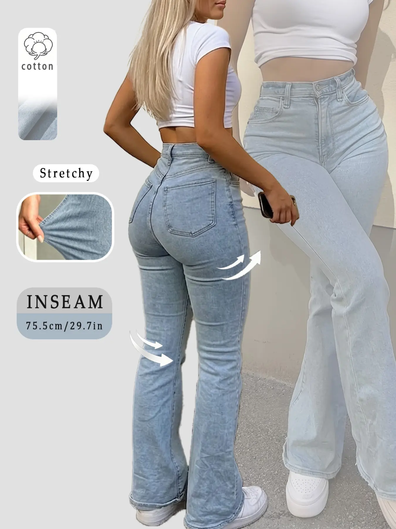 Women's  Vintage Flare Jeans Light Blue Washed Butt Lifting Slimming, Casual Long Pants, Natural Waist, All Seasons, Solid Pattern