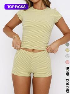 two-piece set women's striped print crop tee & shorts, casual t-shirt & shorts for daily wear, ladies two-piece set for all seasons, clothes, womenswear,  summer 2 piece set