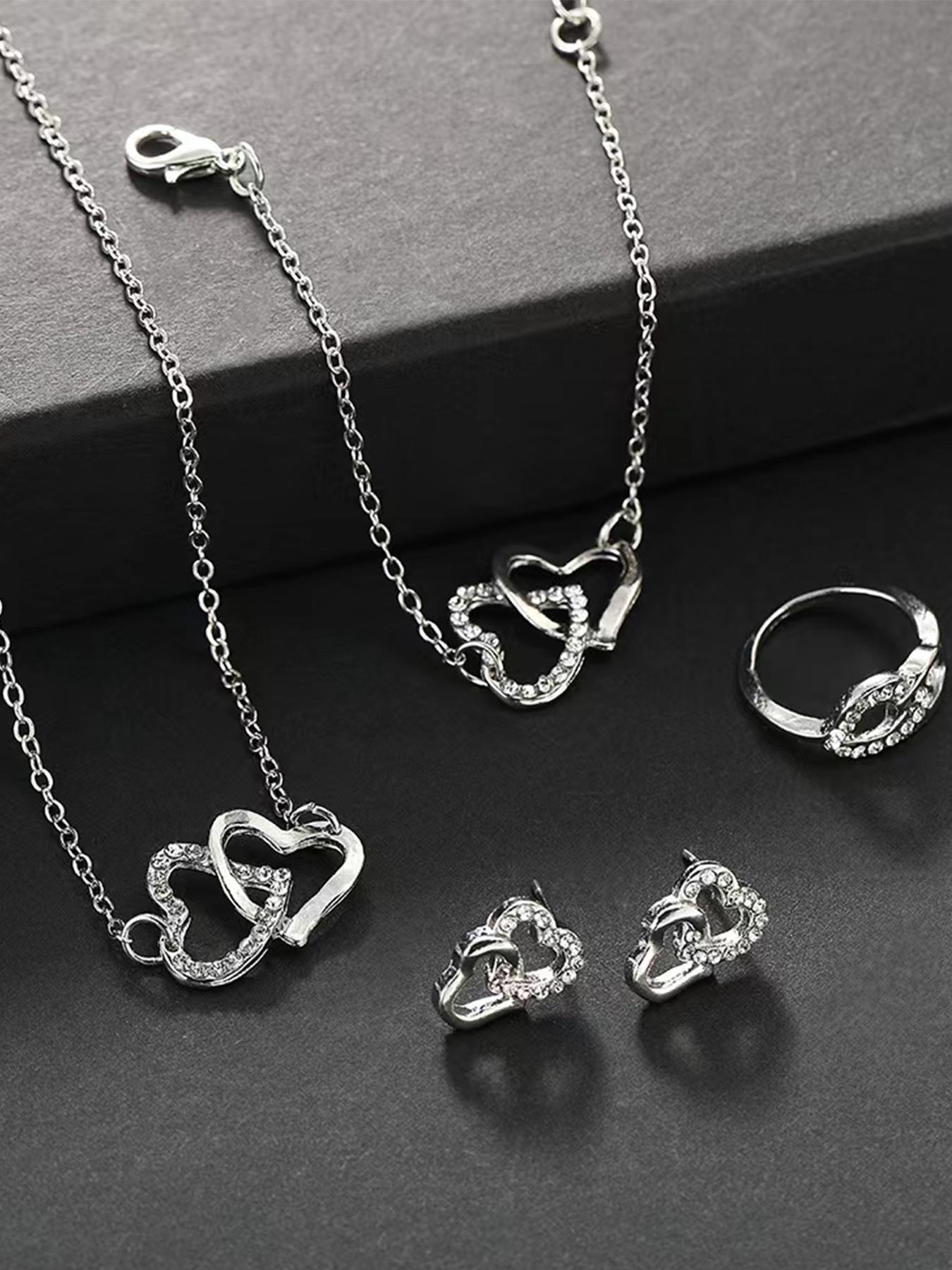 Mother's Day Gift Rhinestone Decor Hollow Out Heart Design Jewelry Set, Elegant Necklace & Bracelet & Earrings & Ring Set, Fashion Exquisite Matching Jewelry Set for Women's Gift, Valentine's, Jewellery Gift Set
