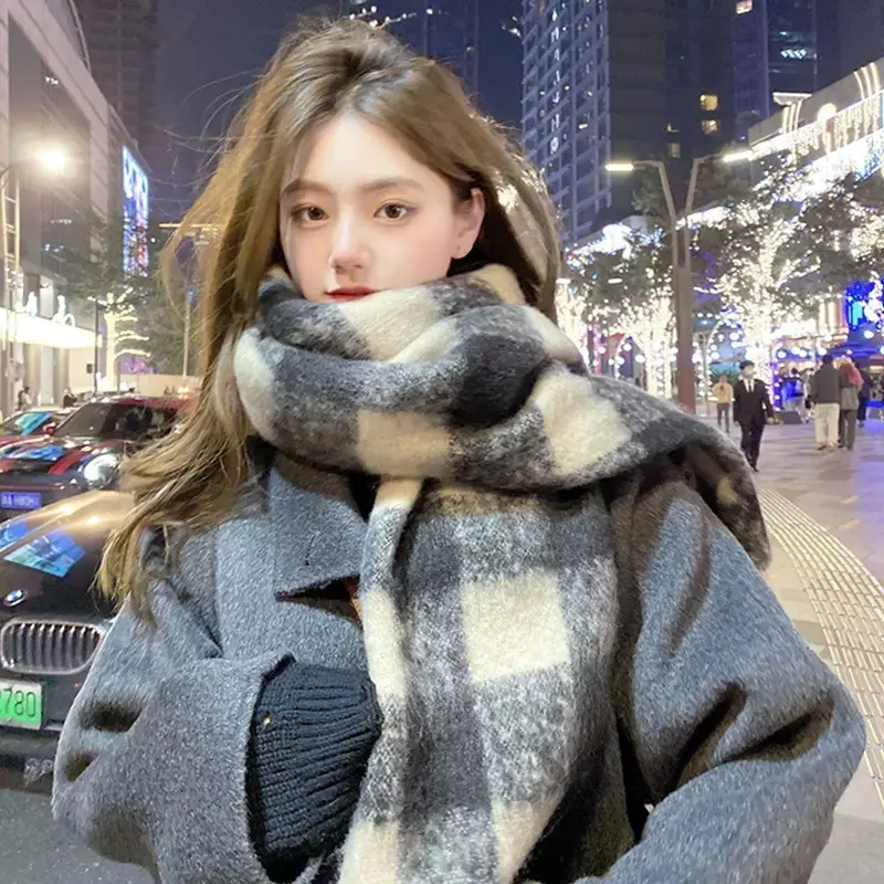Women Plaid Scarf, Winter Long Cashmere Feel Shawl Wrap, Korean Style Retro Tartan Checked Neck Warmer, Premium High-End Thickened Warm Blanket Pashmina, Soft Cozy Aesthetic Headcover for Students Daily Wear
