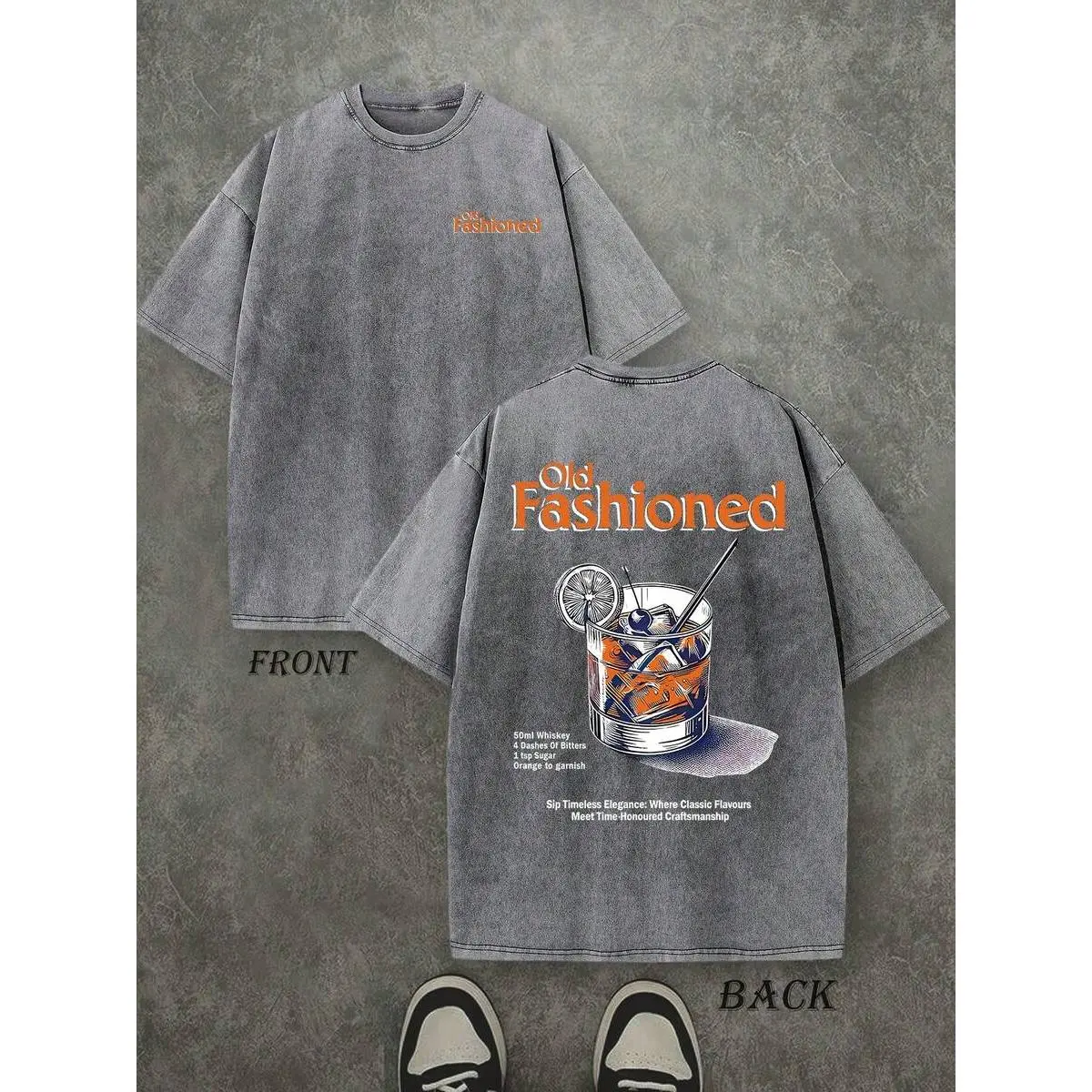 Retro Washed T-Shirt Double Sided Printed (230 Pure Cotton T-Shirt) 'OLD FASHIONED'  Letter And Orange Pattern Print, Men's T-Shirt, Men's Casual, Comfortable, Fashionable T-Shirt, Street Style Cotton