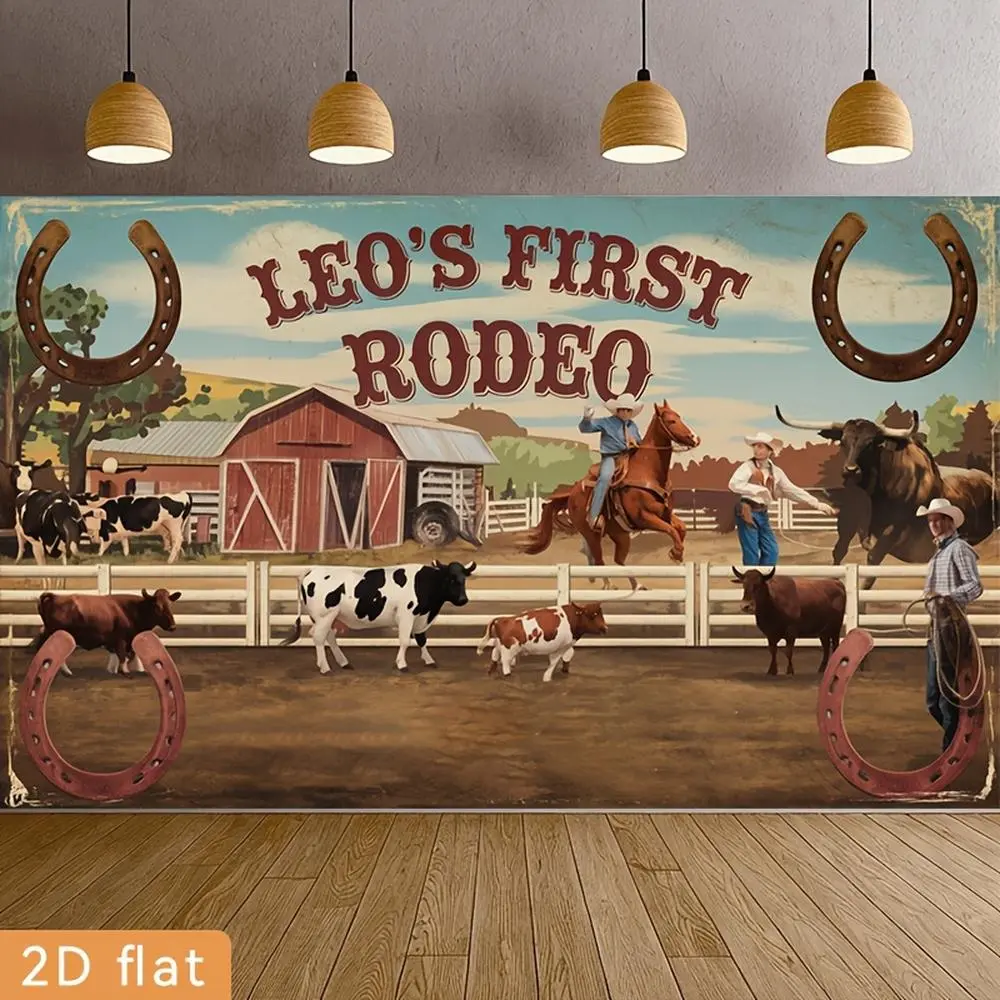 1pc 2D Flat Western Rodeo Polyester Banner - First Rodeo Print with Horseshoes & Farm Cows, Hanging Decoration for Wedding, Birthday Party Photo Walls (Home, Farm Use)
