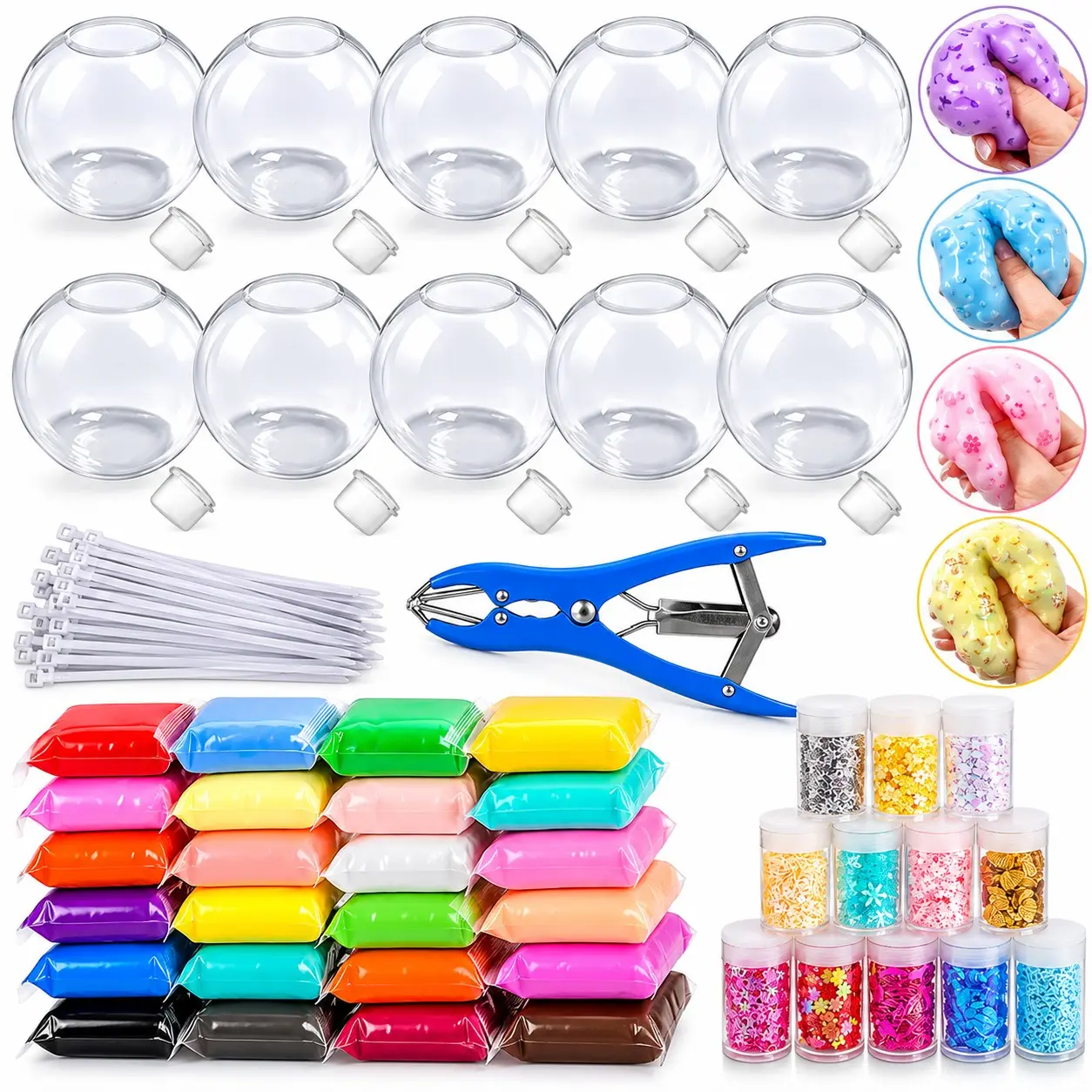 DIY Stress Ball Kit, Sensory Squishy Kit, Create Custom Squishy Balls, Includes 24 Color Clays, 12 Glitter Fillers, Clear Shells, Expander Tool