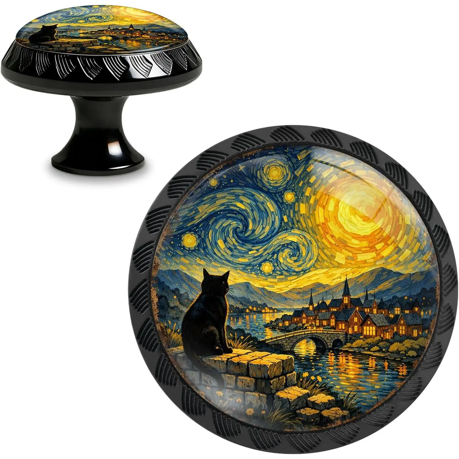 4 Pack  Night Black  Cabinet Knobs, Round  Glass Drawer Pulls,  Art Style Decorative Knobs for Dresser Kitchen Wardrobe Cupboard Door Handles