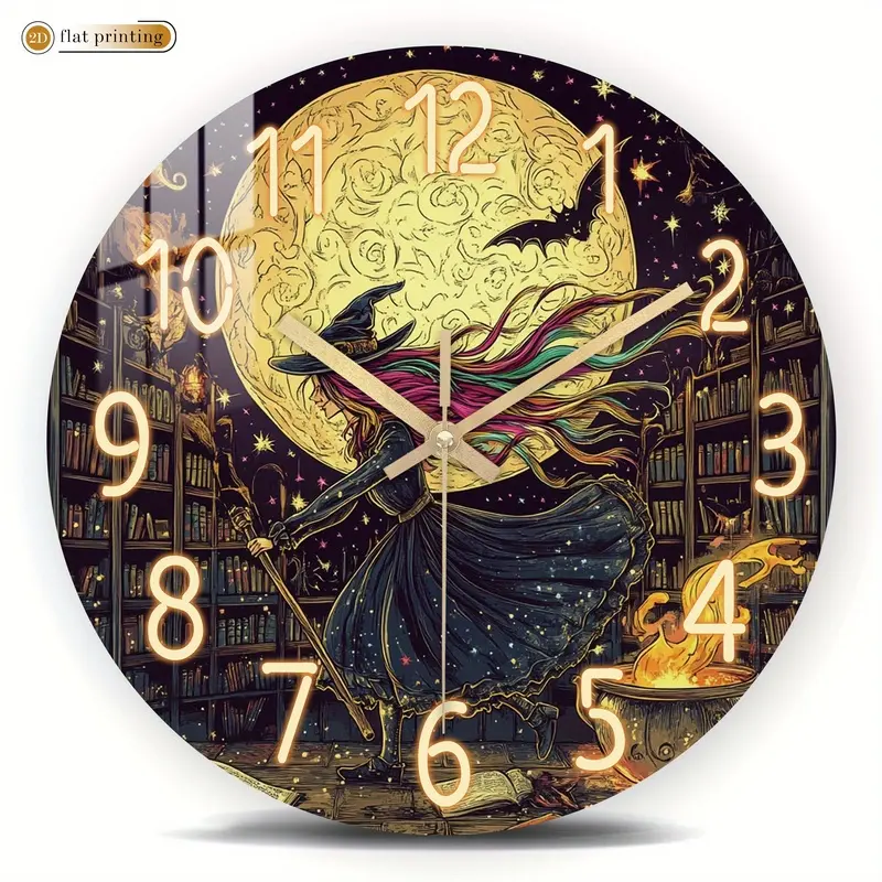 1 piece, crystal porcelain acrylic wall clock, witch with a crucible in the library, magical Halloween style, silent clock, suitable for living room, bedroom, study decoration, ideal Halloween gift, charming present (AA batteries not included)