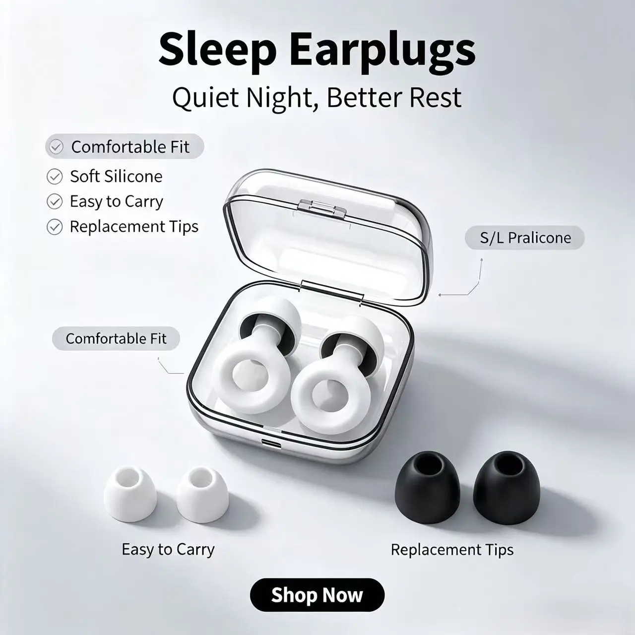 Quiet 2 Sleep Earplugs, 24db Noise Reduction, Soft Skin-Friendly Comfort, Ideal for Sleeping, Working, Travel, Includes Storage Case
