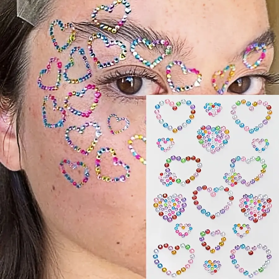 2 Sheets 3D Glitter Rhinestone Face & Body Jewelry Sticker Sparkling Rhinestones- Fantasy Heart Design Gemstone Sticker for DIY Eye Face Makeup Decorations- Y2K Charm Gifts, Dress Up Stickers,Suitable for Music Festival Party Masquerade