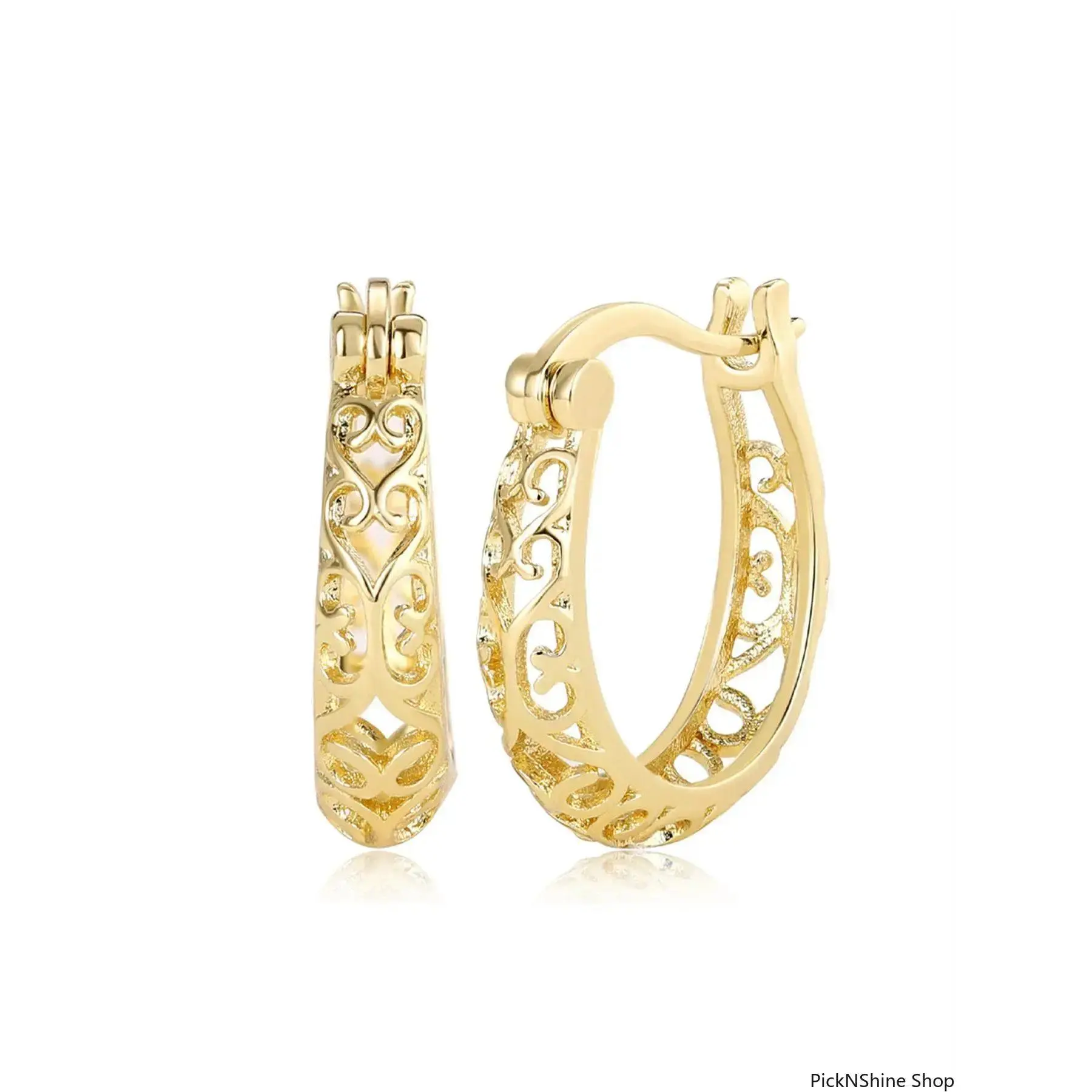 Gold Tone Filigree Hoop Earrings for Women, Elegant Vintage Openwork Design, Lightweight Copper Statement Jewelry for Parties & Daily Wear, One Size