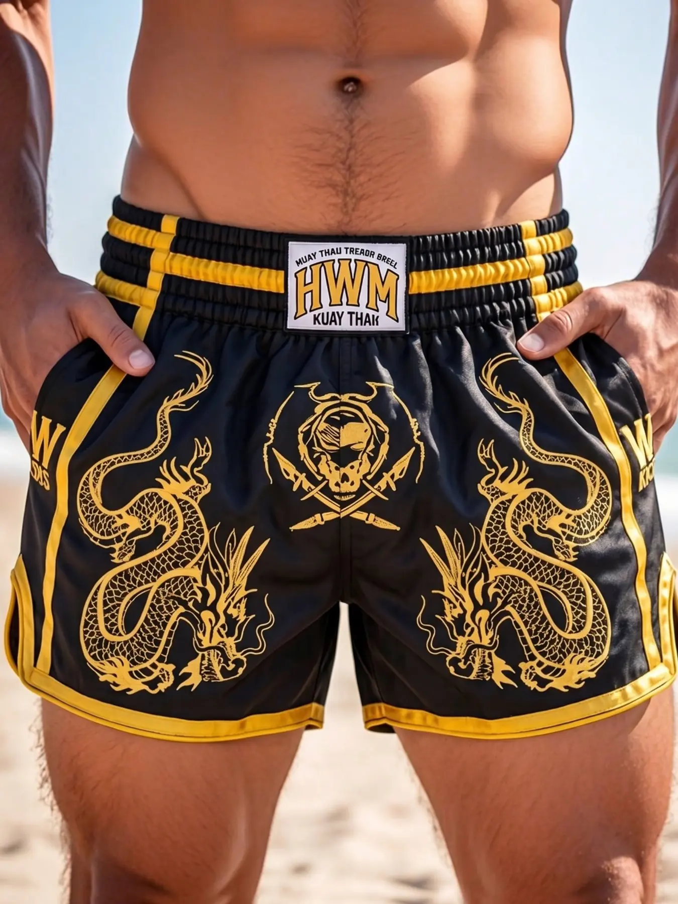 Men's Black & Gold Dragon Print Muay Thai Fight Shorts Elastic Waist Satin Kickboxing Shorts for MMA Martial Arts Training Gym Workout Casual Outfits, Athletic Wear Shorts